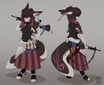 ambiguous_gender anthro ar-15 clothing ear_piercing female gun piercing ranged_weapon red_eyes rifle rifle_sling simple_background solo weapon orang111 rumi_(woolgather) canid canine fox mammal hi_res