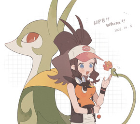 ambiguous_gender black_eyes blue_eyes blush blush_lines bow_ribbon brown_hair clothing eyebrows eyelashes female feral flower green_body group hair hat headgear headwear holding_another looking_back open_mouth orange_body plant red_eyes simple_background size_difference tail text trio vines himetya105 nintendo pokemon hilda_(pokemon) generation_5_pokemon human mammal pokemon_(species) reptile scalie serperior snake suine tepig 2025 dated english_text hi_res