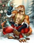 3_toes anthro bow_tie christmas_clothing christmas_decorations christmas_lights christmas_ornament christmas_present christmas_tree clothing feet gift holidays male plant pose solo toes tree christmas shakran alligator alligatorid crocodilian reptile scalie absurd_res hi_res