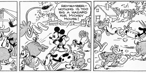 ambiguous_gender anthro bottomwear clothed clothing dialogue female feral footwear gloves group handwear male motion_lines open_mouth outside pants plant shoes speech_bubble text tree walking floyd_gottfredson hardie_gramatky disney public_domain mickey_mouse anatid anseriform avian bird bovid bovine canid canine canis caprine cattle chicken domestic_dog domestic_pig duck galliform goat mammal mouse murid murine phasianid rodent suid suine sus_(pig) 1930 20th_century absurd_res ancient_art comic dated english_text hi_res long_image monochrome signature wide_image