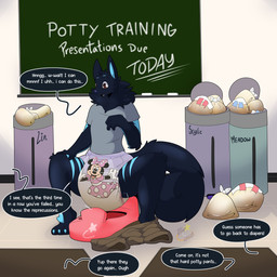 ageplay anthro balled_up_diaper black_body black_fur blue_body blue_fur bottomwear bottomwear_down classroom clothed clothing dialogue diaper diaper_pail discarded_diaper feces female fluffy fluffy_tail fur hand_on_knee hand_on_leg infantilism inside neck_tuft pants pants_down pantsless partially_clothed potty potty_training pull-ups_(diaper) roleplay school shirt soiled_diaper solo squatting_pose tail talking_to_another text topwear tuft unclean_diaper used_diaper maynara canid canine canis mammal wolf 1:1 english_text hi_res