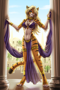 4_toes 5_fingers abs anthro arm_tuft armwear barefoot blonde_hair bottomwear bracelet breasts chest_tuft choker clothed clothed_anthro clothed_female clothing doorway elbow_tuft feet female fingers footwear fur hair hair_over_eye harem_outfit hindpaw humanoid_hands inner_ear_fluff jewelry loincloth looking_at_viewer medium_breasts midriff navel necklace orange_body orange_fur paws slim smile solo standing standing_in_doorway striped_body striped_fur stripes toes translucent translucent_clothing tuft white_body white_fur heresy_(artist) twokinds iris_(twokinds) felid keidran mammal pantherine tiger 2024 hi_res signature