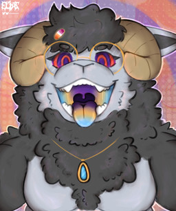 anthro black_body black_eyeliner black_fur black_inner_ear bodily_fluids breasts chest_tuft eyebrows eyeliner eyewear featureless_breasts female fur glasses gold_(metal) gold_jewelry gold_necklace grey_body grey_fur horn hypnotic_eyes hypnotizing_viewer imminent_vore jewelry lesbian_pride_colors lgbt_pride looking_at_viewer makeup multicolored_mouth multicolored_tongue neck_tuft necklace open_mouth pride_colors ringed_eyes round_glasses saliva saliva_string sharp_teeth solo teeth tongue tuft uvula wearing_glasses eliaslynxie bovid caprine mammal sheep 2026 absurd_res digital_drawing_(artwork) digital_media_(artwork) english_description hi_res