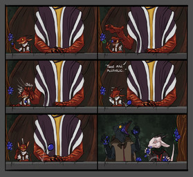 ambiguous_gender beak berry black_body black_feathers cape clothed clothing eating feathers food fruit hitting horn larger_ambiguous membrane_(anatomy) membranous_wings open_mouth plant red_body red_scales scales sharp_teeth size_difference slap smaller_ambiguous smile teeth text white_body white_scales wings yellow_eyes flamespitter mythology parsnip_(flamespitter) avian bird corvid corvus_(genus) crow dragon kobold mythological_creature mythological_scalie oscine passerine scalie comic english_text hi_res