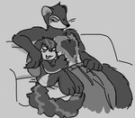 animate_inanimate anthro babydoll_(bigwetslapper) bigwetslapper canid canine canis chest_tuft clown_(bigwetslapper) cuddling domestic_dog duo fluffy fluffy_tail furniture half_clothed hi_res hybrid lagomorph male mammal monochrome mustelid musteline neck_tuft on_sofa paws seam_(sewing) sitting sitting_on_sofa sofa tail true_musteline tuft weasel whiskers young