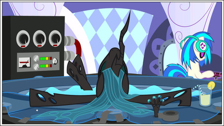 abstract_background bath beverage crown disc_jockey duo eyewear female feral fur glass glasses hair headgear horn inside multicolored_hair record two_tone_hair water white_body white_fur misteraibo friendship_is_magic hasbro my_little_pony queen_chrysalis_(mlp) vinyl_scratch_(mlp) arthropod changeling_(mlp) earth_pony equid equine horse mammal pony 16:9 2016 animated animated_gif short_playtime widescreen