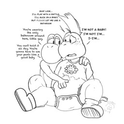 4_fingers ageplay anthro biped blush bodily_fluids boots clean_diaper clothed clothing dialogue diaper diaper_under_clothing duo embarrassed fingers footwear infantilism male onomatopoeia roleplay rumbling_stomach shoes simple_background sound_effects sweat teasing text toony wearing_diaper white_background dinopalcooper mario_bros mythology nintendo bro_(koopa) dinosaur dragon hammer_bro koopa mythological_creature mythological_scalie prehistoric_species reptile scalie turtle yoshi 1:1 2019 digital_drawing_(artwork) digital_media_(artwork) english_text hi_res monochrome