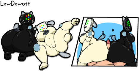anthro big_breasts big_butt bodily_fluids breasts butt collaborative collaborative_hot_dogging collaborative_sex duo female genitals group group_sex hand_on_butt hot_dogging looking_at_viewer looking_back machine male male/female nipples penis sex simple_background speaker tail thick_thighs threesome vulva white_background white_body lewdewott sega sega_fave animatronic canid canine canis domestic_cat domestic_dog felid feline felis idog mammal robot robot_anthro digital_drawing_(artwork) digital_media_(artwork) hi_res