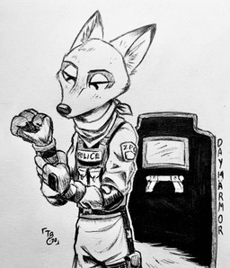 anthro ballistic_shield clothed clothing fully_clothed fur male shield simple_background solo white_background theblueberrycarrots disney inktober zootopia nick_wilde canid canine fox mammal red_fox true_fox 2020 absurd_res hi_res monochrome
