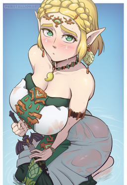 big_breasts biped blonde_hair blush breasts butt cleavage clothed clothed_female clothed_humanoid clothing eyebrows eyelashes female female_humanoid fingers hair holding_object humanoid_pointy_ears kneeling looking_at_viewer master_sword melee_weapon not_furry pointy_ears pupils solo sword thick_thighs three-quarter_view water weapon wet wet_clothing kristallion nintendo tears_of_the_kingdom the_legend_of_zelda princess_zelda humanoid hylian absurd_res hi_res