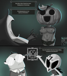 anthro areola beverage bone bottomwear breasts clothing coffee coffee_mug dialogue eyewear female flashing flashing_breasts flashing_pussy food for_a_head fruit genitals glasses knife knife_in_head male nipples open_mouth picture_frame plant portrait_(object) presenting pumpkin pumpkin_head shirt shorts simple_background skeleton smile speech_bubble spit-take text topwear vulva wearing_glasses pricklypastor_(artist) have_a_nice_death magic_design_studios death_(personification) grim_reaper jerry_(have_a_nice_death) patrick_(have_a_nice_death) pump_quinn elemental_creature elemental_humanoid flora_fauna humanoid object_head plant_humanoid 2025 comic digital_drawing_(artwork) digital_media_(artwork) english_text hi_res monochrome multiple_scenes signature nonbinary_(lore)