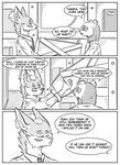 absurd_res anthro black_and_white box canid canine clothed clothing comic container dialogue domestic_ferret duo english_text fox hi_res inner_ear_fluff inside jeff_(kifyun2) kif_yppreah kifyun2 male mammal monochrome mustelid musteline simple_background speech_bubble text true_musteline tuft warehouse weasel