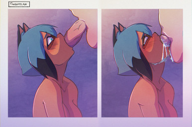 anthro balls before_and_after blue_eyes blue_hair blush bodily_fluids breasts brown_body brown_fur collarbone cum cum_drip cum_in_mouth cum_inside cum_on_balls deep_throat drinking drinking_cum dripping duo erection fellatio female fur genital_fluids genitals hair humanoid_genitalia humanoid_penis looking_at_genitalia looking_at_penis male male/female male_penetrating neck_bulge nude open_mouth oral oral_penetration penetration penile penis questionable_consent sex simple_background tears tanquito brand_new_animal studio_trigger michiru_kagemori canid canine human mammal raccoon_dog tanuki digital_media_(artwork)