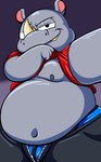 anthro belly bottomwear clothed clothing clothing_lift grey_body horn male navel nipples overweight overweight_male pants shirt shirt_lift smug solo topwear chonkymouse tepigfan101 rhocky_the_rhino_(the_big_kids) mammal rhinoceros artist_collaboration hi_res