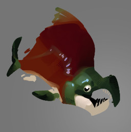 feral fin front_view grey_background multicolored_body open_mouth pectoral_fin red_body simple_background solo tail tail_fin teeth three-quarter_view rekkadraws aquatic fish salmon salmonid_(fish) 2025 digital_media_(artwork) full-length_portrait portrait
