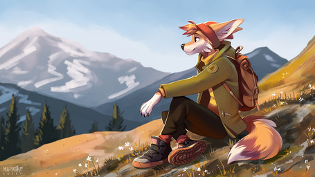 anthro backpack bottomwear clothing footwear jacket male mountain pants plantigrade scenery semi-anthro shoes sitting smile solo topwear multyashka-sweet canid canine fox mammal 16:9 2020 widescreen