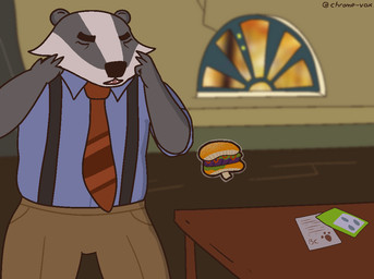 accessory anthro black_body black_nose bottomwear burger clothing detailed_background eyes_closed food inside male necktie pants shirt slightly_chubby solo topwear white_body chrome-vox beastly_crimes beastly_crimes_(2024) chief_badger badger mammal mustelid musteline 2026 meme