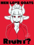 anthro big_breasts breasts chest_tuft clothing female fur hair horn huge_breasts long_hair looking_at_viewer markings mole_(marking) poster poster_template red_clothing red_eyes simple_background smile solo text tuft white_hair white_horn lobokosmico helltaker goat_lucifer_(helltaker) bovid caprine demon goat mammal 2021 absurd_res digital_drawing_(artwork) digital_media_(artwork) english_text hi_res