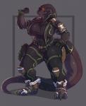 2017 anthro armor big_breasts breasts camel_toe clothed clothing curvy_figure digital_media_(artwork) female flexing footwear glowing glowing_eyes hi_res holster khala_(unstopable344) komodo_dragon lizard looking_at_viewer monitor_lizard muscular muscular_anthro muscular_female non-mammal_breasts reptile rube scalie signature skinsuit solo thick_thighs tight_clothing voluptuous wide_hips