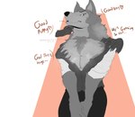 abs absurd_res anthro beastars big_pecs bodily_fluids canid canine canis clothed clothing dialogue digital_media_(artwork) disembodied_hand embarrassed english_text eye_scar facial_scar flustered fur grope hair hand_on_shoulder hi_res legoshi_(beastars) male mammal muscular muscular_anthro muscular_male open_clothing open_shirt open_topwear pec_grab pecs scar shirt simple_background solo sweat text topwear wolf yo_zee
