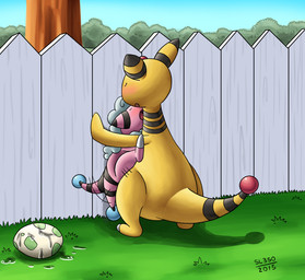 blush duo egg eyes_closed female fence feral grass leaning male male/female nude open_mouth outside pink_body plant pokemon_egg same_evolution_group sex sky tree yellow_body sl350 nintendo pokemon ampharos flaaffy generation_2_pokemon pokemon_(species) 2015