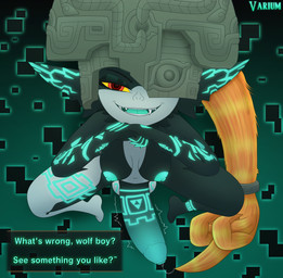 anthro ball_markings balls big_penis bodily_fluids breasts clothing dialogue erection fused_shadow genital_fluids genital_markings genitals glowing glowing_genitalia glowing_markings glowing_nipples glowing_penis gynomorph hair headgear headgear_only headwear humanoid_genitalia humanoid_penis intersex looking_at_viewer markings multicolored_eyes nipples nude one_eye_obstructed open_mouth penis precum prehensile_hair presenting red_eyes sharp_teeth simple_background smile solo speech_bubble teeth text throbbing throbbing_penis tongue triforce triforce_symbol yellow_sclera conditional_dnp varium nintendo the_legend_of_zelda twilight_princess midna humanoid imp twili absurd_res digital_media_(artwork) english_text hi_res