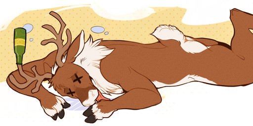 alcohol anthro antlers beer beverage bottle bubble butt cloven_hooves container drunk drunk_bubble fur hooves horn lying male multicolored_body multicolored_fur nude on_front open_mouth puddle solo substance_intoxication symbol-shaped_eyes tongue tongue_out two_tone_body two_tone_fur unconscious unusual_eyes x_eyes hoot_(artist) deer mammal new_world_deer reindeer 2014 digital_media_(artwork) hi_res