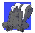 animal_genitalia anthro balls belly black_body black_fur blue_background blue_eyes feet fur genitals hair looking_at_viewer male nude open_mouth overweight sheath simple_background sitting skunk_tail smile solo tongue white_body white_fur white_hair pandottermon skunktember mammal mephitid skunk