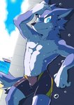 5_fingers anthro blue_spark canid canine clothed clothing fingers fur hi_res kai11k male mammal multicolored_body multicolored_fur seaside solo swimming_trunks swimwear topless