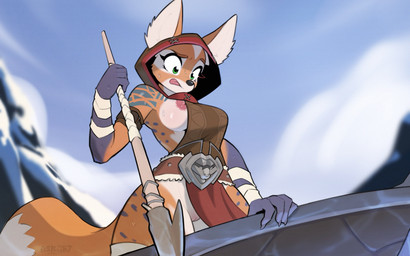 5_fingers anthro areola big_breasts blue_spots bodily_fluids breasts brown_body brown_fur brown_tail clothed clothed_anthro clothed_female clothing cloud countershade_torso countershading exposed_breasts female fingers fur genitals green_eyes holding_melee_weapon holding_object holding_polearm holding_spear holding_weapon hood inner_ear_fluff looking_down markings melee_weapon nipple_slip nipples outside polearm pose side_boob sky solo spear spots spotted_body spotted_fur sweat sweatdrop tail tongue tongue_out tuft vulva weapon askart blizzard_entertainment warcraft canid canine fox mammal vulpera 16:10 2025 detailed digital_drawing_(artwork) digital_media_(artwork) hi_res widescreen