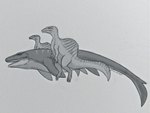 ambiguous_gender claws feral fin flukes group head_crest markings sail_(anatomy) scales sharp_teeth simple_background size_difference striped_markings stripes tail tail_fin teeth text trio adam_reihan00 jurassic_park jurassic_world jurassic_world:_rebirth universal_studios dinosaur marine mosasaur mosasaurus prehistoric_species reptile scalie spinosaurid spinosaurus theropod 4:3 english_text greyscale monochrome signature