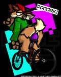 anthro anus backwards_hat bicycle bodily_fluids bottomless brown_body brown_fur brown_hair brown_nose clothed clothing cosplay crossover_cosplay dildo dildo_bicycle eye_through_hair female fur genital_fluids gesture green_clothing green_eyes green_shirt green_topwear grin hair hand_gesture hat headgear headwear hooves inner_ear_fluff looking_at_viewer looking_back looking_back_at_viewer penetration raised_tail red_clothing red_hat red_headwear sex_toy shaka_sign shirt simple_background smile solo speech_bubble tail text tongue tongue_out topwear translucent translucent_hair transparent_background tuft vaginal vaginal_fluids vaginal_penetration vehicle wub_(artist) activision cartoon_network ed_edd_n_eddy spyro_reignited_trilogy spyro_the_dragon elora kevin_(eene) faun_(spyro) alpha_channel crossover hi_res signature url watermark