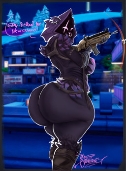 anthro arm_tuft armor bear_ears belly belt belted_boots big_breasts big_butt boots breasts building butt city city_background clothing dialogue dialogue_box eye_scar facial_scar female footwear fur gauntlets gloves glowing glowing_eyes handwear holding_object holding_weapon hood hoodie huge_butt huge_thighs leg_tuft legwear looking_at_viewer looking_back metal_gloves mountain night plant purple_body purple_fur rear_view scar scar_(gun) scarf shoes shoulder_tuft solo speech_bubble standing thick_thighs topwear tree tuft weapon wide_hips giovannilol19 epic_games fortnite fortnite:_battle_royale raven_team_leader