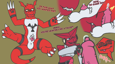 animal_genitalia balls blue_eyes bodily_fluids claws duo erection feral genital_fluids genitals male male/male penis red_body sheath simple_background tail text tongue ferzdracroc bandai_namco digimon digimon_(species) guilmon reptile scalie shoutmon shoutmon_(king_ver.) 16:9 digital_media_(artwork) hi_res sketch widescreen