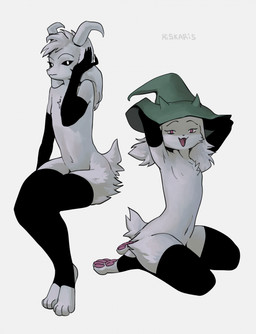 anthro arm_warmers armwear clothing duo femboy kneeling legwear looking_at_viewer male mostly_nude nude open_mouth seductive simple_background sitting thigh_highs white_background miskaris228 deltarune undertale undertale_(series) asriel_dreemurr ralsei bovid caprine goat mammal hi_res