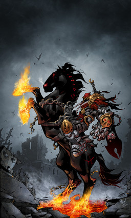 armor feral fire glowing glowing_eyes hair hood male melee_weapon ragged_clothing riding ruins shadow_face solo straddling sword weapon white_hair joe_madureira seane darksiders ruin_(character) war_(character) equid equine horse human mammal