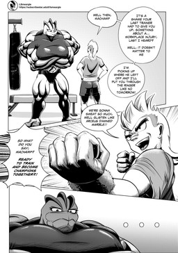 anthro breasts clothing dialogue duo female gym hair human_on_anthro interspecies male multi_arm multi_limb muscular muscular_female open_mouth punching_bag simple_background size_difference smile speech_bubble text topwear smeargle20 nintendo pokemon generation_1_pokemon human humanoid machamp mammal pokemon_(species) absurd_res comic digital_media_(artwork) english_text hi_res monochrome