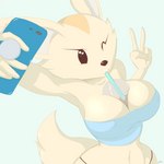 1:1 2019 5_fingers absurd_res aggretsuko anthro beverage big_breasts black_nose bluechika breasts canid canine cellphone cleavage clothed clothing container cup curvy_figure drinking electronics female fennec_fox fenneko fingers fox fur gesture hand_gesture hands-free_bubble_tea heart_eyes heart_symbol hi_res high-angle_view mammal meme navel nipple_outline object_between_breasts one_eye_closed phone sanrio selfie simple_background solo tan_body tan_fur topwear true_fox tube_top v_sign wink