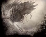 anthro blood bodily_fluids bottomwear clothed clothing digitigrade eyes_closed feathered_wings feathers fur gore hair male navel open_mouth pain pants ripping solo wings rukis angel felid mammal nephilim unknown_species 5:4 greyscale monochrome