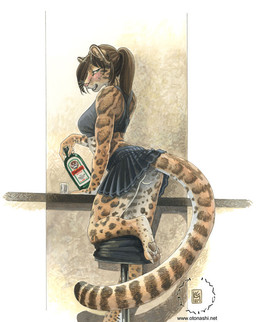 alcohol anthro bar beverage blush bottle bottomwear breasts brown_hair butt clothed clothing container drunk female fur furniture hair holding_bottle holding_container holding_object liquor looking_at_viewer markings no_underwear partially_clothed paws product_placement seductive skirt solo spots spotted_body spotted_fur stool substance_intoxication tail tail_under_skirt text upskirt kacey jägermeister clouded_leopard felid mammal pantherine 2007 url