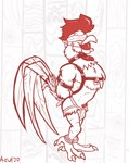 anthro avian_feet ball_gag bdsm blindfold blush bulge clothing gag harness male solo underwear cobaltcerberus avian bird chicken galliform gallus_(genus) phasianid 2020 hi_res