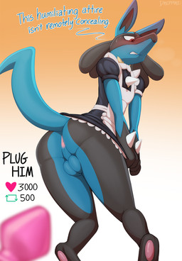 3_toes anthro anus backsack balls barefoot big_butt biped black_body black_fur blue_balls blue_body blue_fur blue_perineum blush bodily_fluids bottomless butt buttplug clothed clothing covering covering_crotch covering_self crossdressing crossdressing_male dialogue digitigrade embarrassed feet femboy fur genitals gradient_background hindpaw male no_underwear pawpads paws perineum pink_anus pink_pawpads plug_(sex_toy) presenting presenting_hindquarters red_eyes sex_toy simple_background soles solo spread_legs spreading sweat text toes undersized_clothing yellow_body yellow_fur dripponi nintendo pokemon strip_meme generation_4_pokemon lucario pokemon_(species) 2022 english_text hi_res shaded