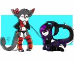 alternative_fashion anthro boots bow_(feature) bow_accessory chibi clothing collar duo ear_bow female femboy footwear goth leash male male/female ribbons shoes simple_background spots stripes tail underthedarkness gustav fish marine sergal shark ava_(disambiguation) watermark