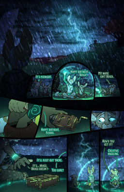 anthro breasts clothed clothing dialogue electricity fantasy female lightning magic music_box nonsexualized_young outside raining text topless topless_female fek the_sparks_of_daybreak cissa_talot fekkri_talot catfolk absurd_res comic english_text hi_res