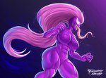 big_breasts bodily_fluids breasts claws curvy_figure empty_eyes featureless_breasts featureless_crotch female hair long_tongue muscular muscular_female navel not_furry open_mouth purple_body purple_hair saliva sharp_teeth smile solo teeth tongue tongue_out white_eyes byghosteduard marvel agony_(marvel) alien alien_humanoid humanoid monster symbiote absurd_res digital_media_(artwork) hi_res