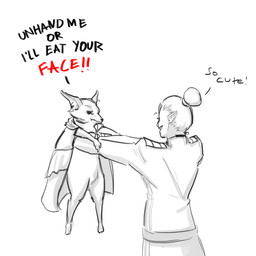 ambiguous_gender angry anthro cape cape_only carrying_another clothing dialogue duo featureless_crotch featureless_legs frown hair hair_bun humor inner_ear_fluff larger_humanoid looking_at_another mostly_nude rear_view semi-anthro size_difference smaller_anthro smile text tuft uniform kenmochii paradox_interactive stellaris canid canine elf fox humanoid mammal mammalian_(stellaris) mammalian_3 1:1 2020 cel_shading english_text guide_lines hi_res monochrome shaded