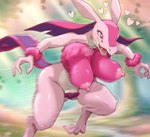 anthro areola big_breasts blush bodily_fluids breasts drooling female fur hanging_breasts heart_symbol hi_res lovander melonleaf nipples nude pal_(species) palworld pink_areola pink_body pink_nipples pocketpair running saliva saliva_string smile solo teeth