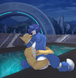 5_fingers anthro anthro_on_anthro black_nose blue_body blue_fur blue_hair blush breasts butt canon_couple duo eyes_closed female fingers fur hair hug intraspecies male male/female multicolored_body multicolored_fur night nude nude_anthro nude_female nude_male orange_body orange_fur romantic romantic_ambiance romantic_couple swimming_pool two_tone_body two_tone_fur water wet wet_body wet_fur white_body white_fur white_hair nersaart nintendo star_fox fox_mccloud krystal_(star_fox) canid canine fox mammal absurd_res hi_res