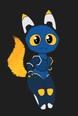 anthro blue_body female fire flaming_tail looking_at_viewer machine mascot simple_background smile solo tail yellow_eyes yellow_sclera gooblie_2 e621 esix android domestic_cat felid feline felis mammal robot robot_anthro digital_media_(artwork)