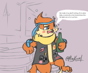 accessory anthro battle_vest blue_eyes bottle bubble container drunk drunk_bubble facial_tuft fur headband male markings orange_body orange_fur red_markings sitting solo substance_intoxication tan_body tan_fur text tuft yellow_body psykwol nintendo pokemon firebird_(psykwol) buizel generation_4_pokemon pokemon_(species) 6:5 english_text sketch trans_(lore) trans_man_(lore)